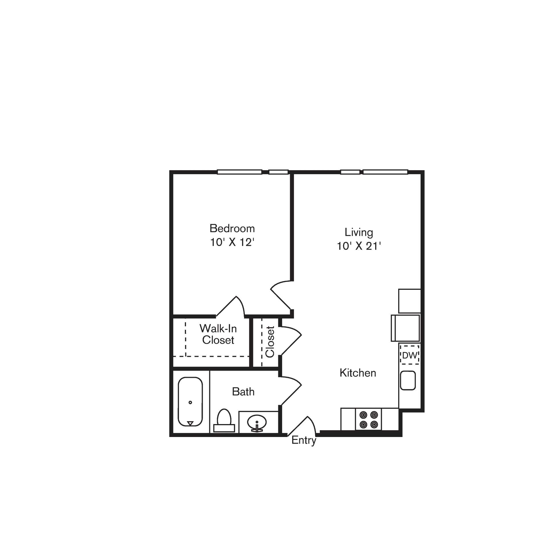 Floor plan for 1 bed, 1 bath, 512 sqft